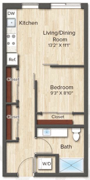 Floor plan for 1 bed, 1 bath, 539 sqft
